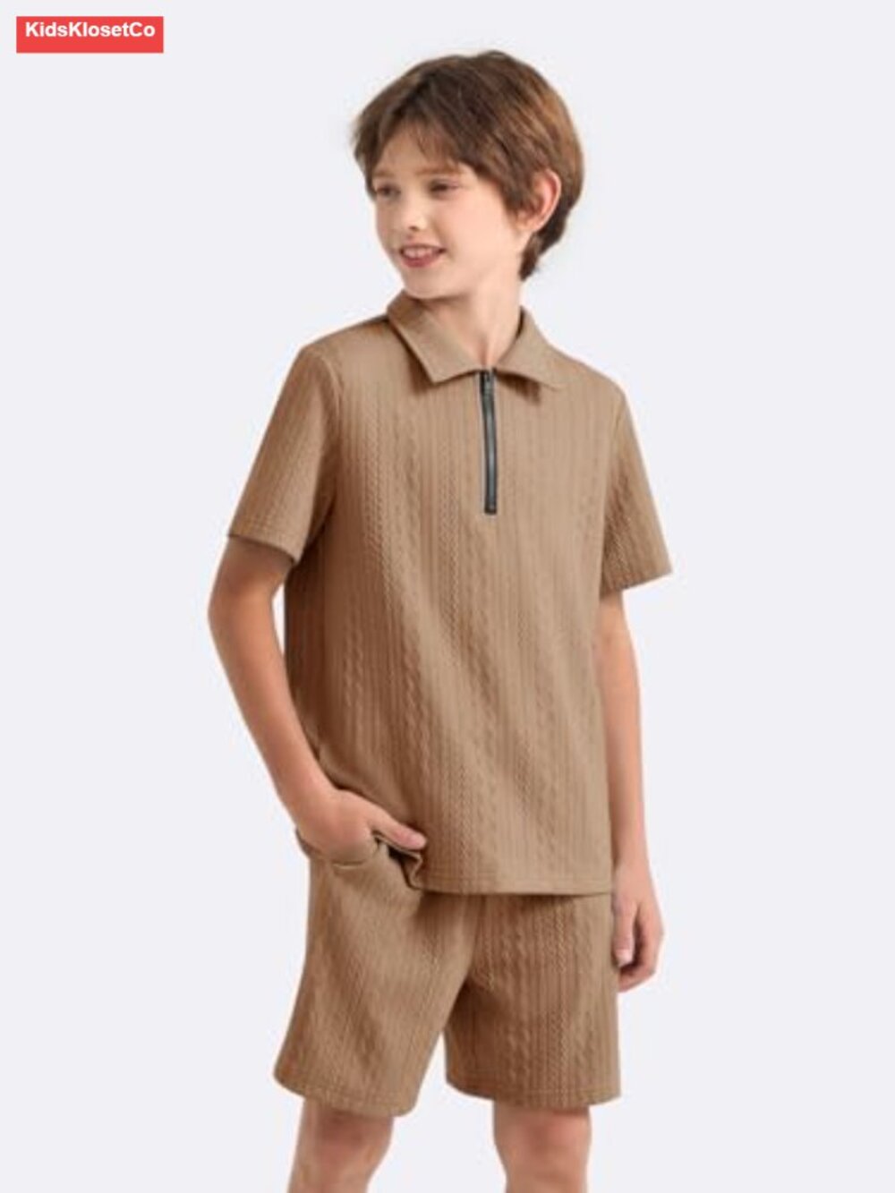 Boys 2-Piece Summer Outfit Quarter Zip Polo Shirt & Shorts Set Athletic - Picture 5 of 6